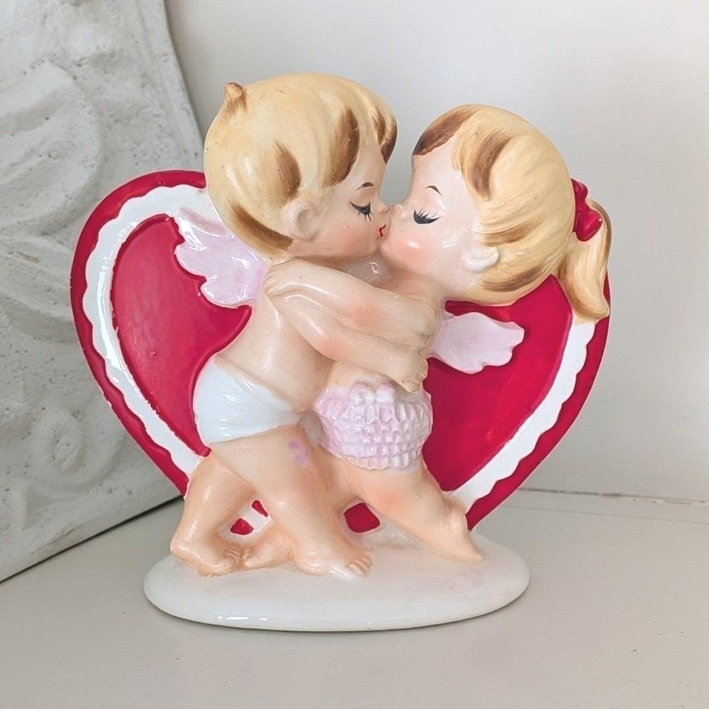 Vintage Lefton‎ Kissing Cherubs Heart Valentine Ceramic Planter Japan 2773